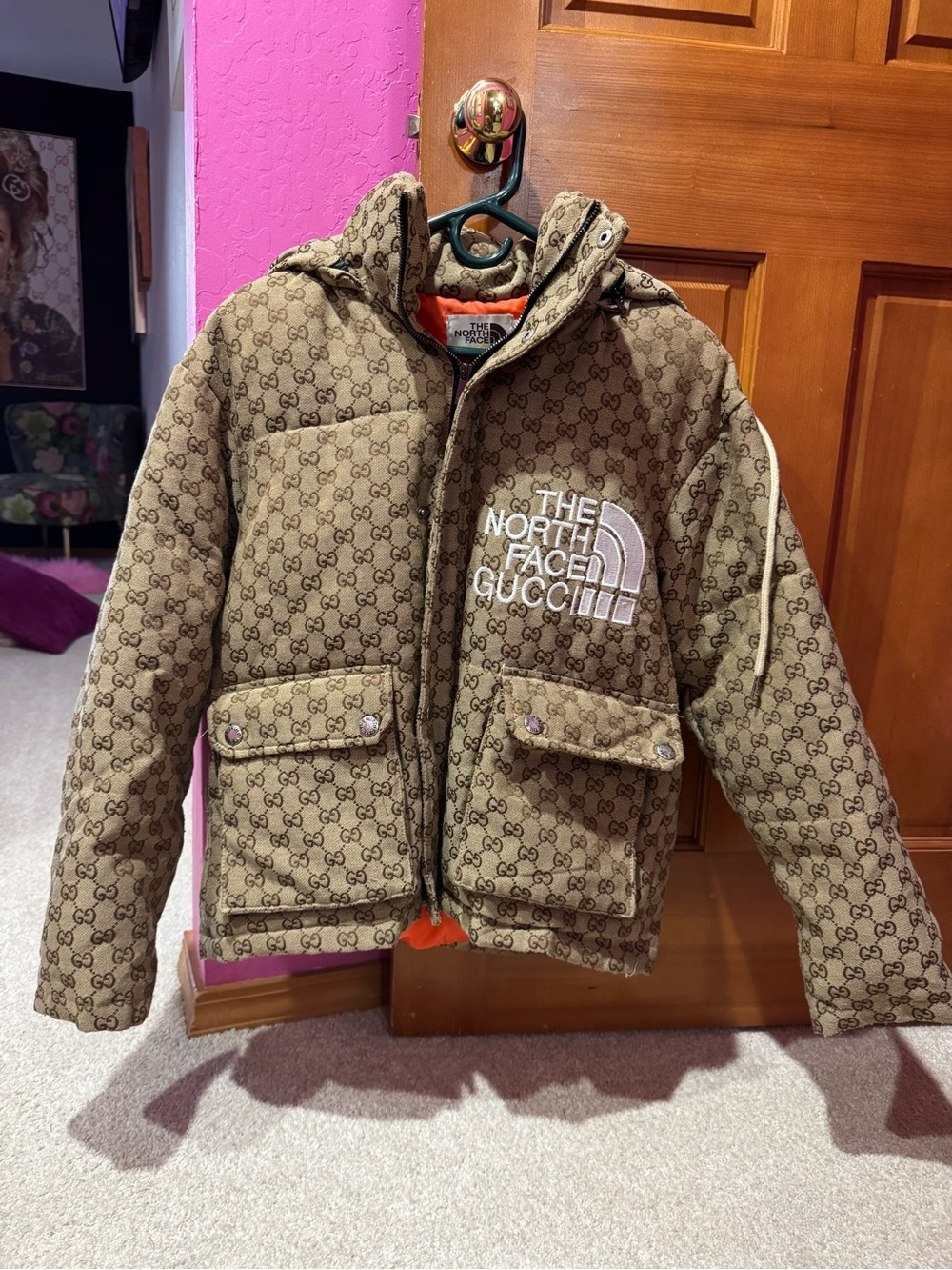 Gucci Brown Monogram Puffer Jacket with Orange Lining - Picture 2 of 5